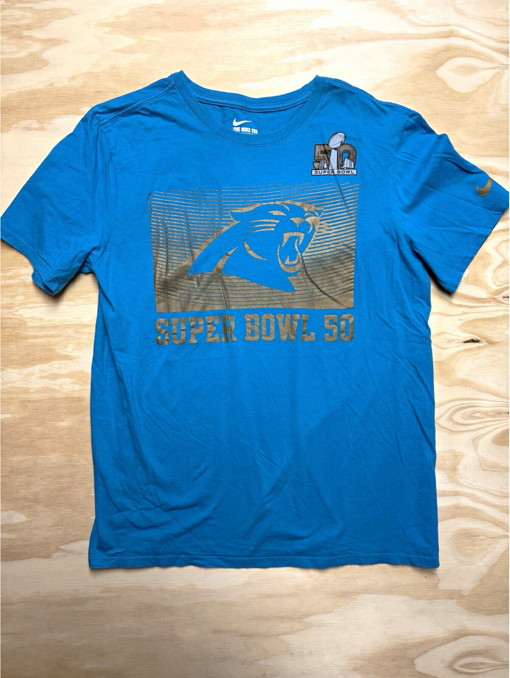 Nike Carolina Panthers Super Bowl 50 NFL Football Shirt Mens L Blue Gold